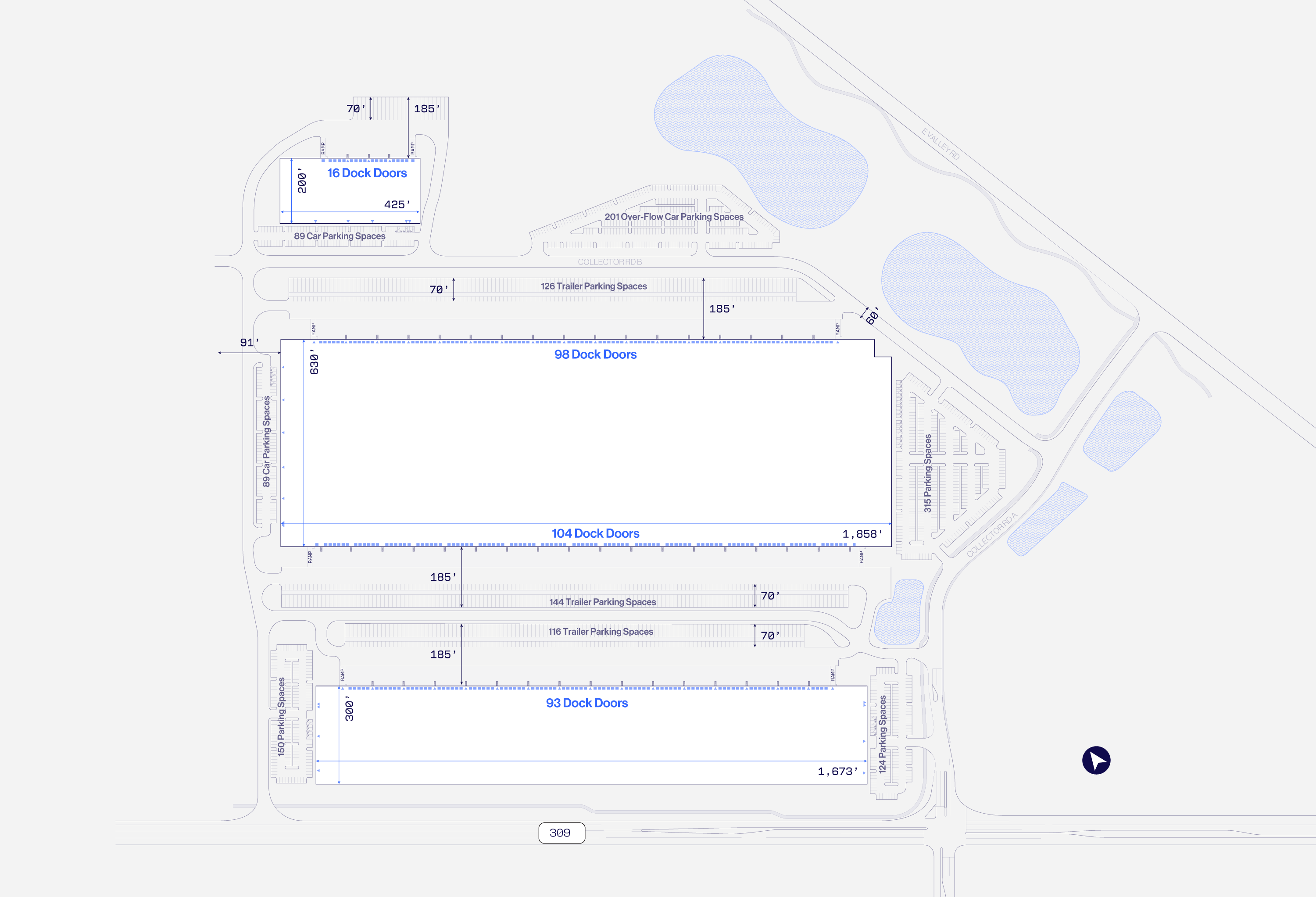 Site plan showing three industrial buildings, with numerous dock doors, and extensive car and trailer parking areas.